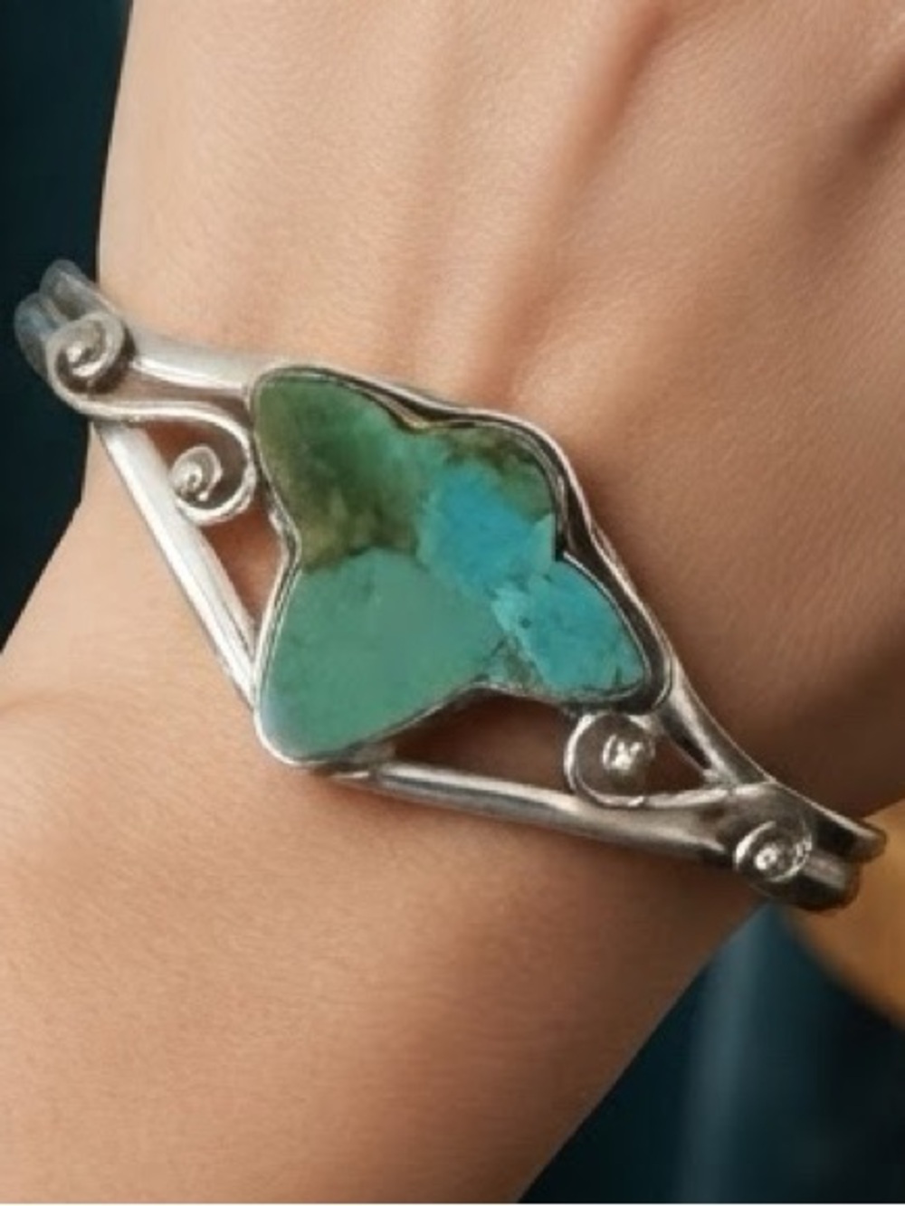 Sterling Silver genuine Turquoise Cuff Bracelet - Green-Blue Stone